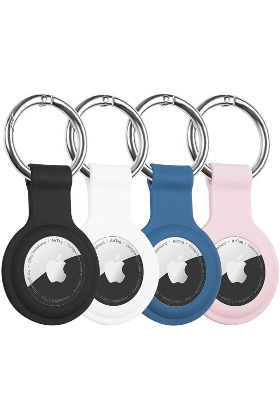 [4 Pack] Case for Apple AirTags Case Keychain, Air Tag Holder Tracker/Key Ring Cases/Protective Cover Loop Silicone, Finder Items for Luggage Dogs Cat Pet Collar Backpacks, Black/White/Pink/Blue