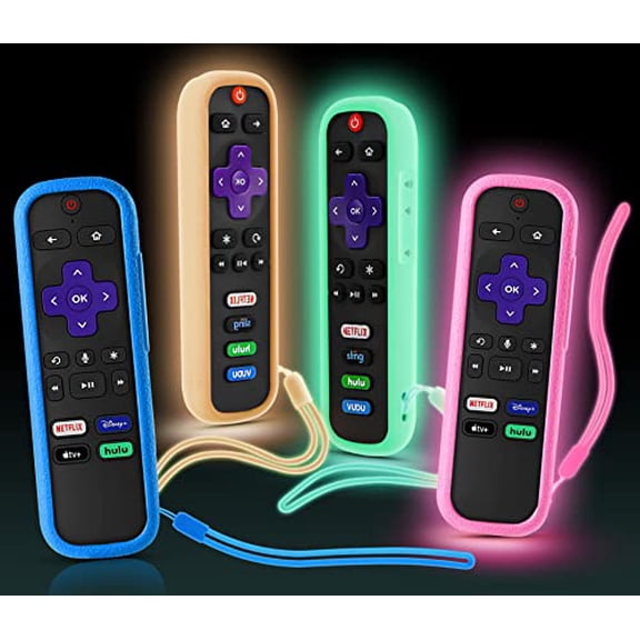 [4 Pack]Case for Roku Remote,Battery Cover for TCL Roku Smart TV Steaming Stick Remote,Silicone Protective Controller Universal Sleeve Skin Glow in The Dark Pink Orange Green Blue