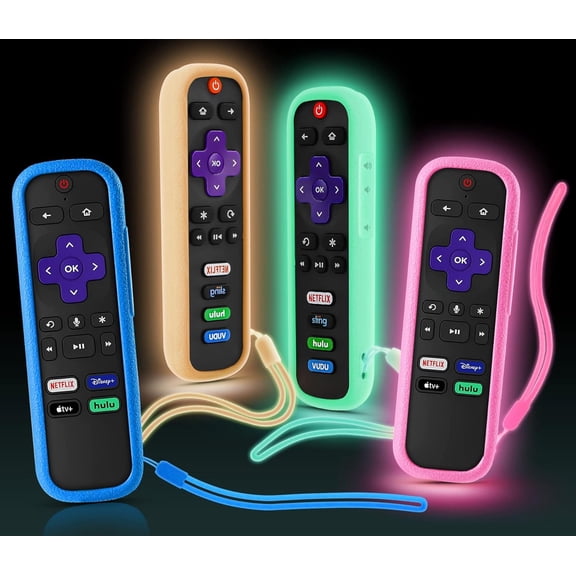 4 Pack Case for Roku Remote, Battery Cover for TCL Roku Smart TV Steaming Stick Remote, Silicone Protective Controller Universal Sleeve Skin Glow in The Dark Pink Orange Green Blue