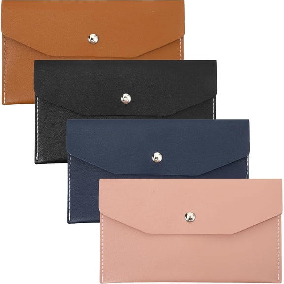4 Pack Cash Wallets for Women, PU Leather Money Holder Envelope 6.9" x 3.9" (17.5x10cm), Reusable Budget Wallet for Cash & Cards, 4 Colors