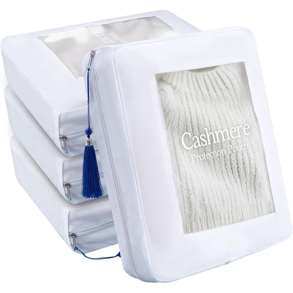4 Pack Cashmere Protection Pouch, Cotton Sweater Storage Bags with Zippers Tassel and Organza Panel, Moth Proof Breathable Dustproof Clothing Organizer for Wool, Cashmere Lovers GiftLarge