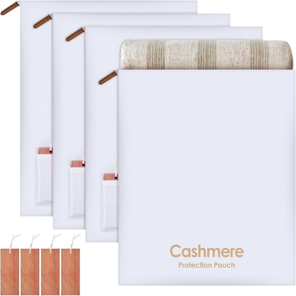 4 Pack Cashmere Storage Bags with 4 Cedar Blocks, Cotton Sweater Garment Storage Pouches with Natural Cedar for Odor Control, Closet Drawer Seasonal Clothing Organizer,17 x 13.5 Inch