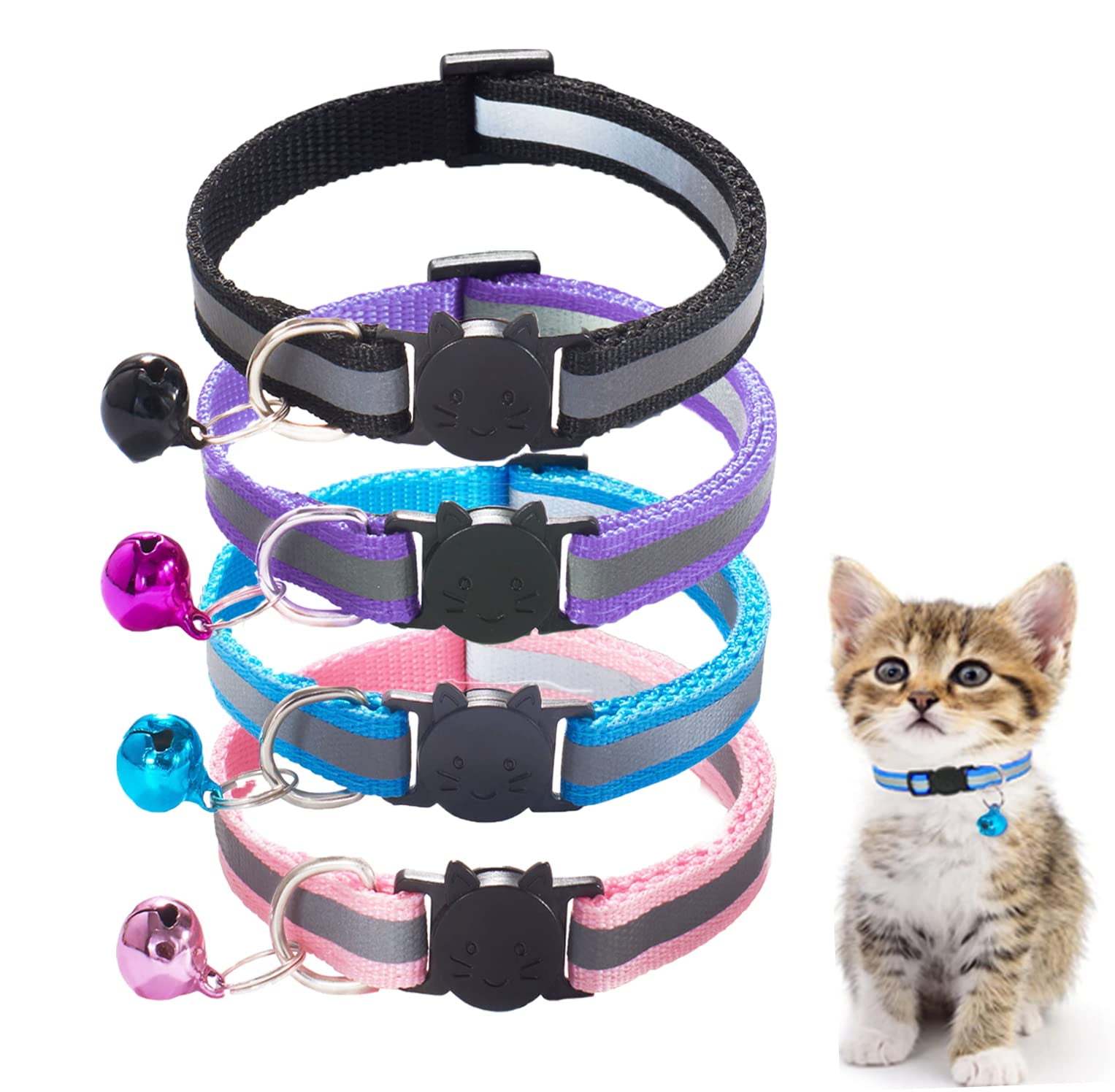 4 Pack Cat Collar Safety Release, Adjustable Kitten Collars with Bell