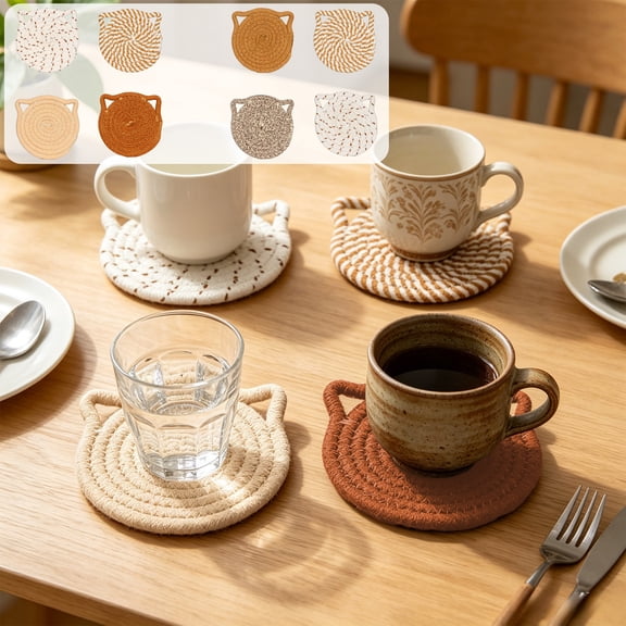 4 Pack Cat Ear Shaped Cotton Rope Coaster Set, Heat Resistant Drink Pads with Storage Stand, Cute Kawaii Table Mats for Kitchen Table Home Decor, A