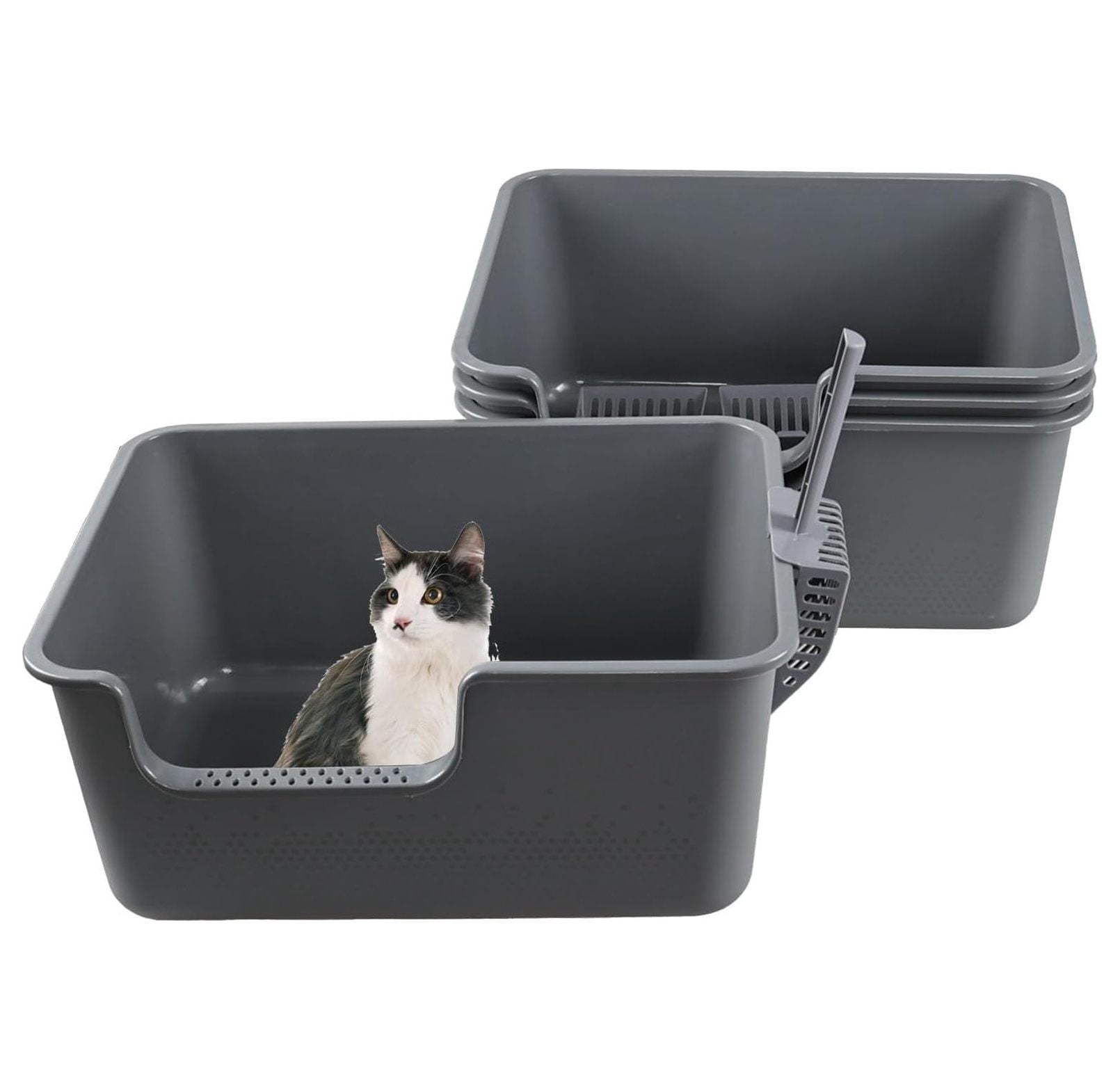 4-Pack Cat Litter Box with High Sides, Grey Open Top Litter Box