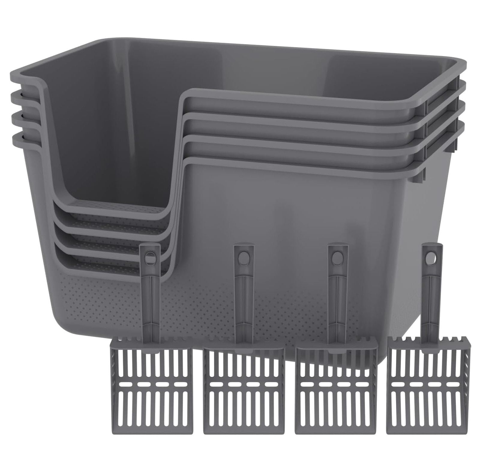 4-Pack Cat Litter Box with High Sides and , Plastic Open Litter Box, Gray