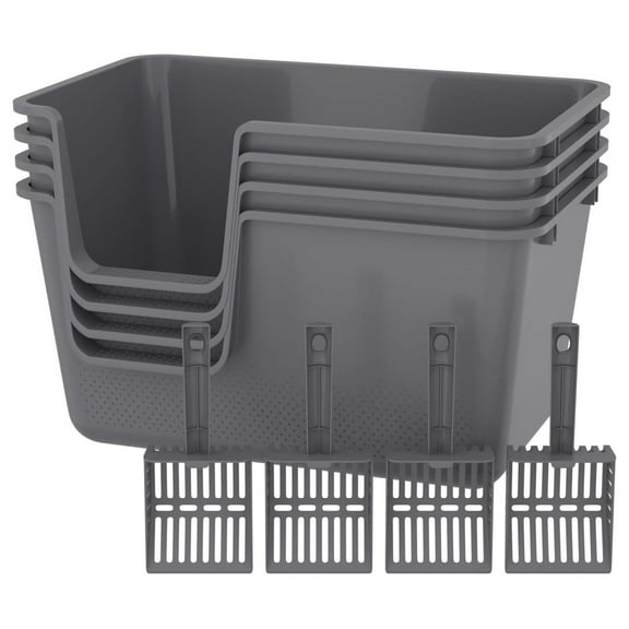 4-Pack Cat Litter Box with High Sides and , Plastic Open Litter Box, Gray