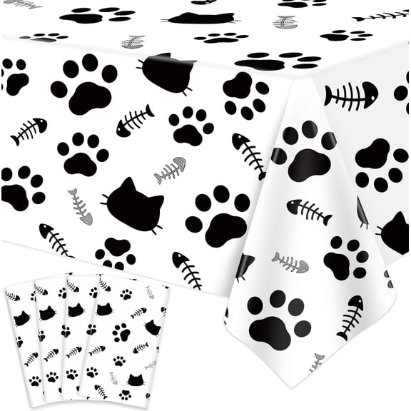 4 Pack Cat Tablecloth with Paw Print and Bone Sign Design Plastic Table Cover 86 x 51 Inch for Cat Dog Theme Party Birthday Decorations