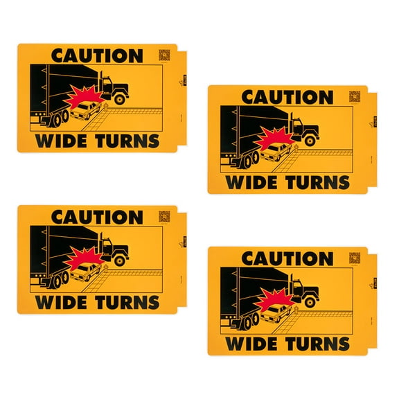 4 Pack Caution Self-Adhesive Wide Turns Truck Decal w/ Truck & Car Graphics Sign Vinyl Sticker Trailer Label - 11-3/4x18-1/4 Eye-Catching Clear Visibility Warning Rear Sign