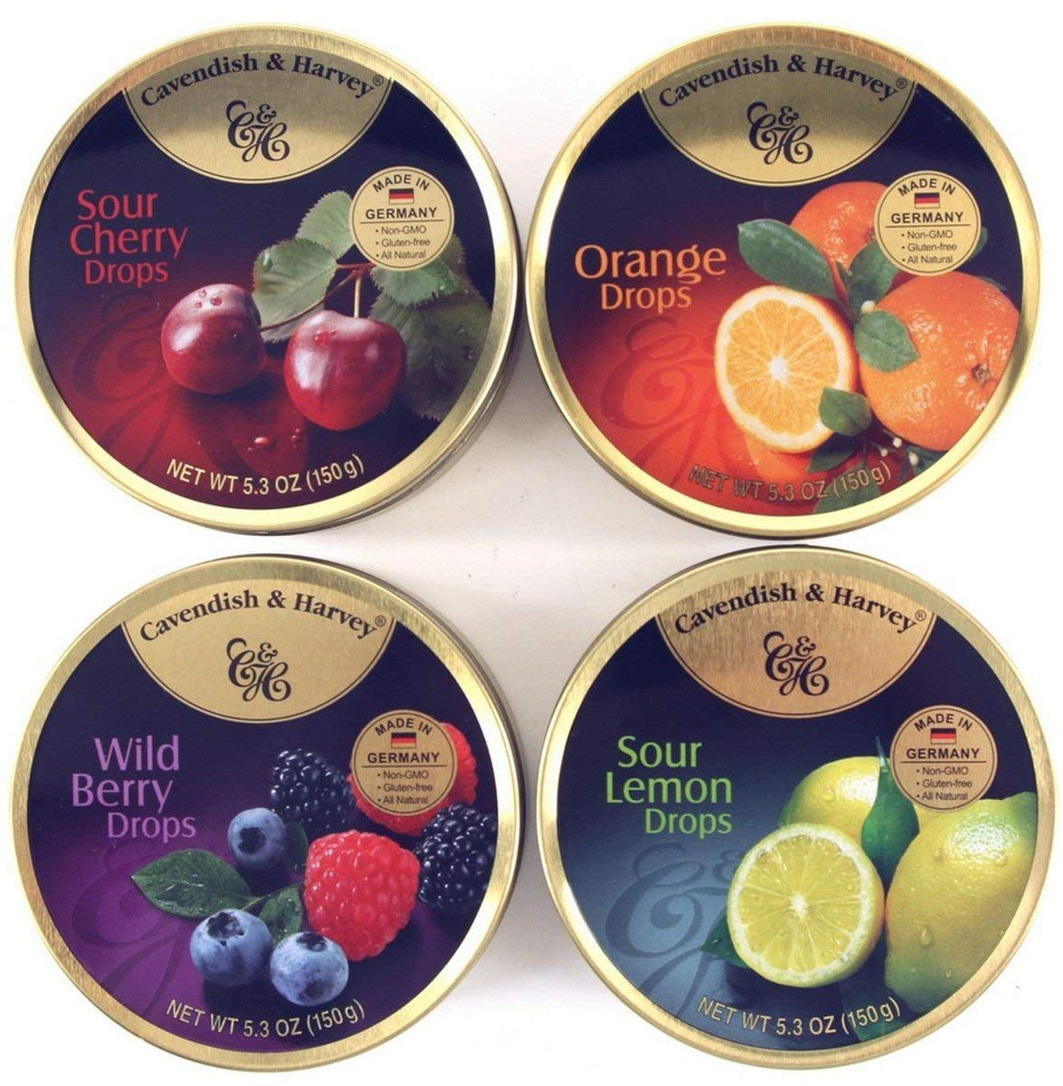 4 Pack Cavendish & Harvey 4-Flavor Variety: Orange, Wild Berry, Sour Lemon and Sour Cherry Drops 5.3-ounce (150g) Tins