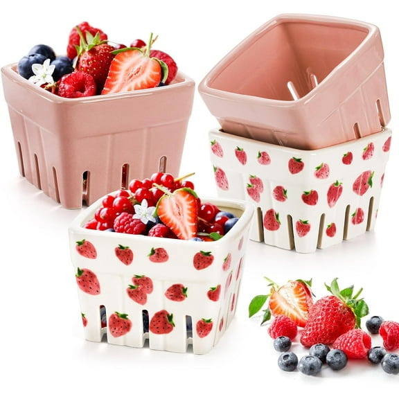 4 Pack Ceramic Berry Basket, Square Fruit Bowls, Kawaii Strawberry Kitchen Bowl Containers, Cute Stoneware Berry Colander Bins for Veggie, Berries, Fruits, Home Decor
