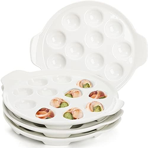 4 Pack Ceramic Escargot Plates with 12 Holes and Handles, 9 Inch Seafood Snail Dish Footed Plates White Escargot Baking Dish Server for Home, Kitchen, Restaurant, Hotel, BBQ