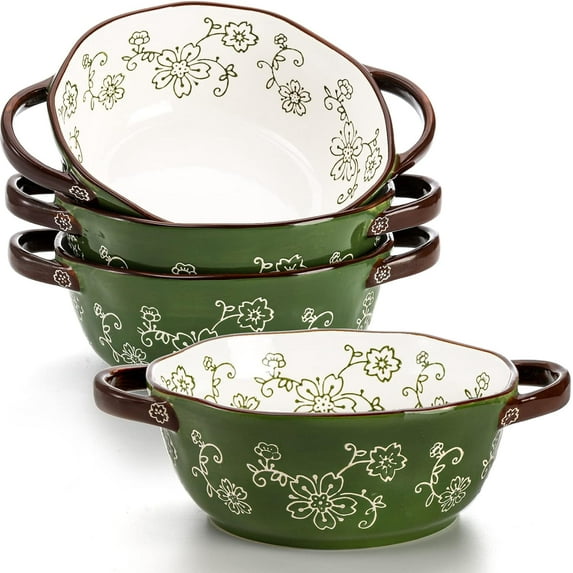 4 Pack Ceramic Soup Bowls, 22 Ounces Porcelain Serving Bowl Set with Double Handle, Large Ceramic Crocks for French Onion Soup, Stew, Pasta, Cereal, Pot Pies