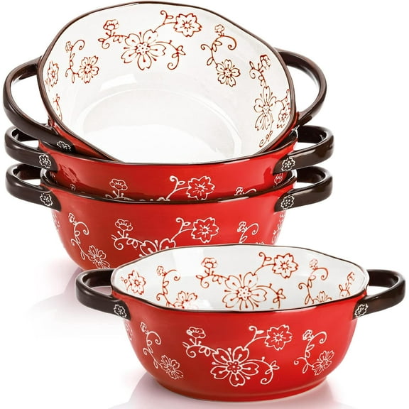 4 Pack Ceramic Soup Bowls, 22 Ounces Porcelain Serving Bowl Set with Double Handle, Large Ceramic Crocks for French Onion Soup, Stew, Pasta, Cereal, Pot Pies