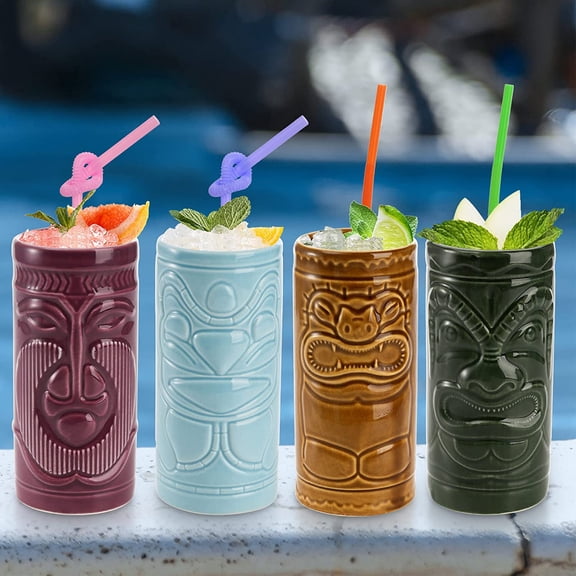 4 Pack Ceramic Tiki Mug, 10oz Tiki Drinking Cups, Exotic Zombie Cocktail Glasses, Tumblers Mai Tai glass, Tiki Bar Professional Hawaiian Halloween Party Barware$$Home Decor, Kitchen, & Other