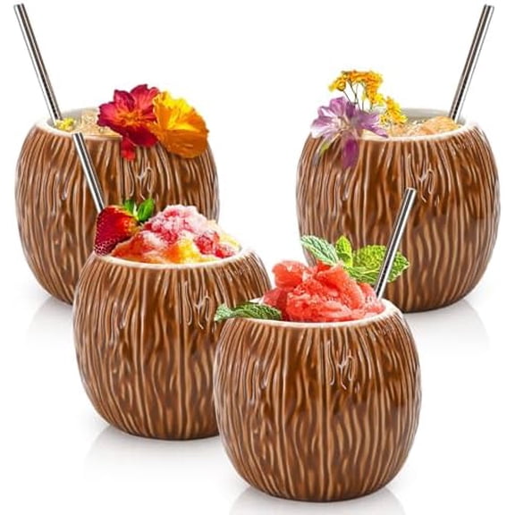 4 Pack Ceramic Tiki Mugs, 17 oz Coconut Mug, Hawaiian Party Mugs, Cocktail Glasses for Gifts, Tiki Drinking Cups for Mai Tai, Pina Colada, Tiki Bar Professional Barware$$Home Decor, Kitchen, & Other