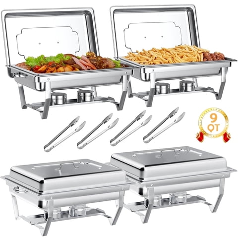BAOKALER 9QT Chafing Dish Buffet Set with 4 Food Tongs , Foldable Full Size Buffet Server Food Warmer, Stainless Steel Catering Supplies for Party, Banquet, Caterying, Rectangular, Silver, 4 Pack