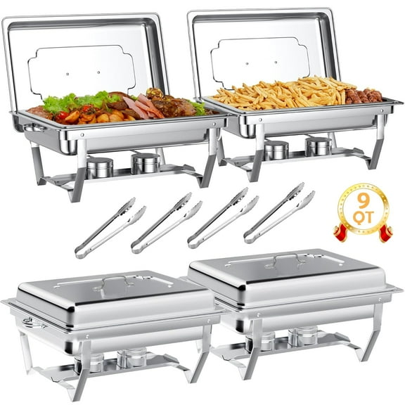 BAOKALER 9QT Chafing Dish Buffet Set with 4 Food Tongs , Foldable Full Size Buffet Server Food Warmer,  Stainless Steel Catering Supplies for Party, Banquet, Caterying, Rectangular, Silver, 4 Pack