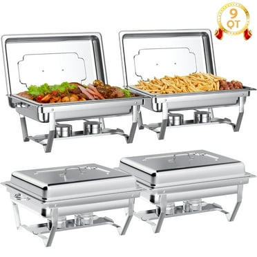 9QT Chafing Dish Buffet Set, Foldable Full Size Buffet Server Food Warmer with Water Pan and Fuel Holder, Stainless Steel Catering Supplies for Party, Banquet, Caterying, Rectangular, Silver, 4 Pack