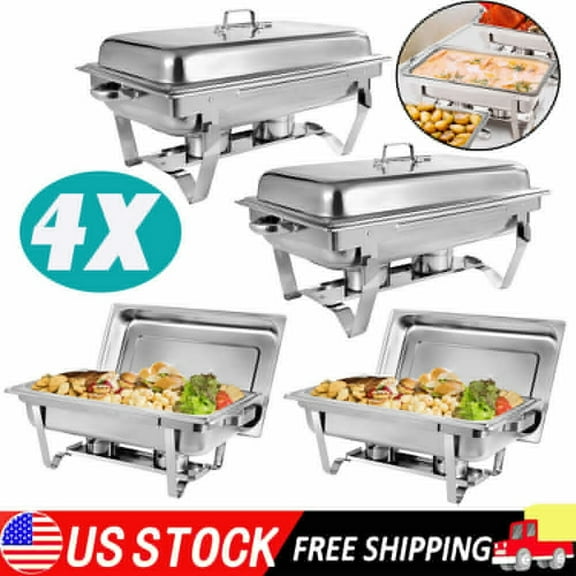 4-Pack Chafing Dish Buffet Set 9L/8Qt. Foldable Rectangular Chafer Set, Stainless Steel Catering Warmer Set W/Full Size Water Pan, Food Pan, Fuel Holder for Cooked Food Insulation