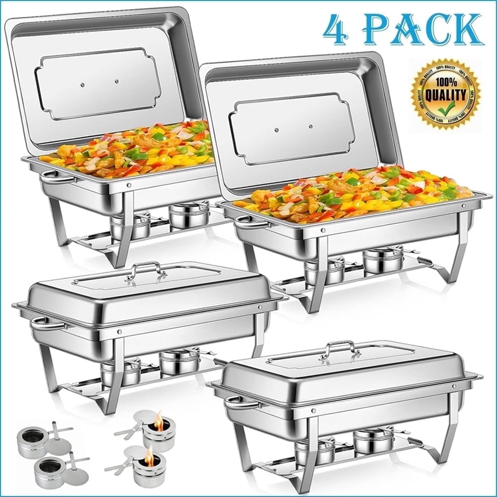 4-Pack Chafing Dish Buffet Set 9 Qt, Foldable Rectangular Chafer Set, Stainless Steel Food Warmer Set W/Full Size Water Pan, Fuel Holder for Parties Cooked Food Insulation