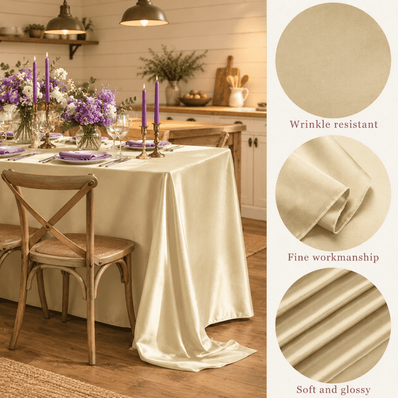 4 Pack Champagne Satin Tablecloth 102 x 58 Inch Overlay Table Cover ...