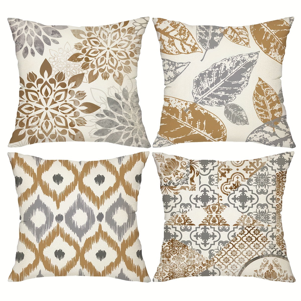 Set of 4 Geometric and Floral Linen Blend Pillow Covers, 18x18 Inch, Brown and Grey