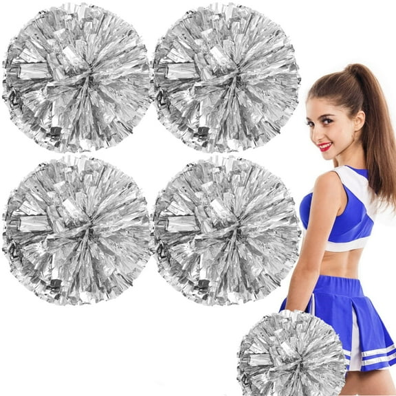 4 Pack Cheerleading Pom Poms with Handle MODANU Metallic Foil Plastic Cheerleader Pom Pom Sports Dance Cheer Pompoms Cheering Squad Poms for Kids Adults Team Game Party Spirit Cheering, Silver