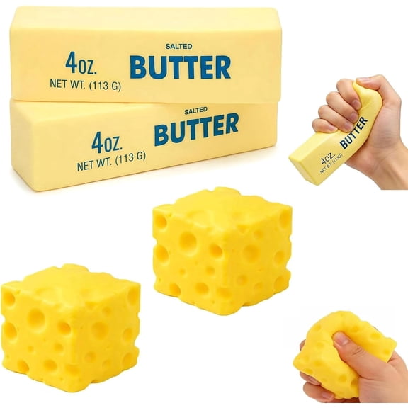4 Pack Cheese Butter Sticker Squish Set, Stress Relief Cube Block, Yellow Simulation Cheeses Ball (2 Cheeses+2 Butter)