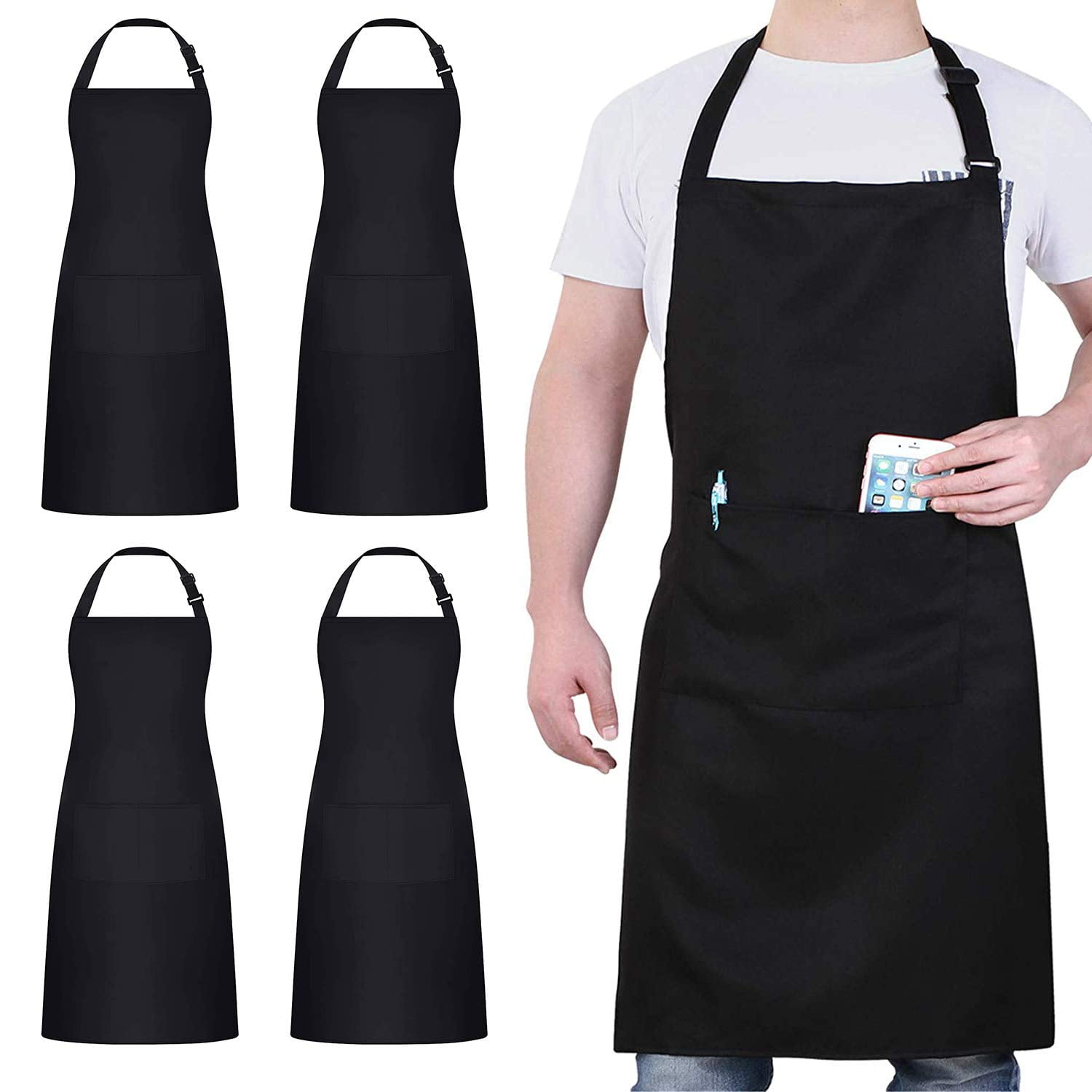 4 Pack Chef Aprons, Black Apron with 2 Pockets, Waterproof Adjustable Apron for Men Women, Professional Kitchen Apron for Cooking, Gardening, Restaurant, BBQ, Cafe