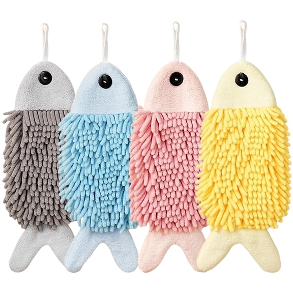 4 Pack Chenille Hand Towels Cute Fish Design Hanging Drying Towel With Button Loop Soft Absorbent Non Shedding For Bathroom Kitchen Home Car Hand Towels With Hanging Loops Pink,Blue,Grey,Yellow