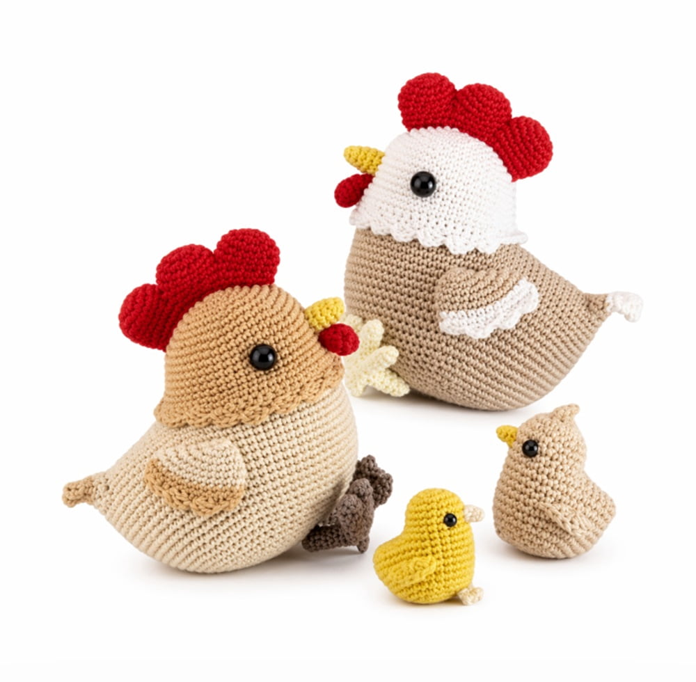 4 Pack Chicken Family Crochet Kit for Beginners, Chicken Amigurumi Starter Set with Step by Step Video Tutorials, TIKA