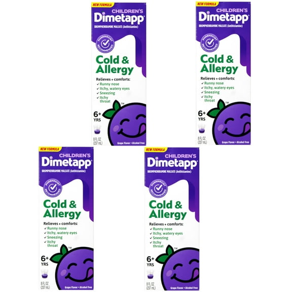 4 Pack - Childrens Dimetapp Cold & Allergy Liquid  Grape Flavor, Alcohol-Free, 8 fl oz