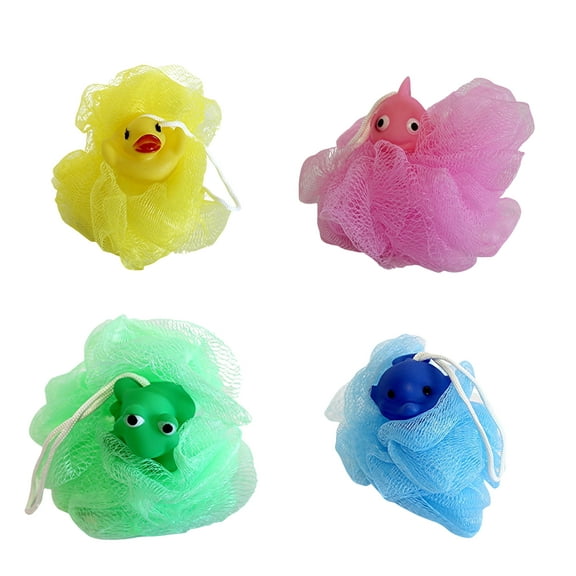 4 Pack Children's Kids Animal Exfoliating Bath Sponge Fun Squeaky Toy Attached Loofah Spongy Cartoon Body Scrubber Shower Sponge