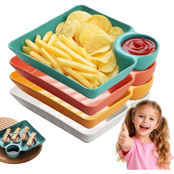 4 Pack Chip and Dip Serving Plate, Reusable Plastic Divided Trays with Built-in Sauce Holder for Dumplings, Sushi & Taco, Dishwasher Safe (k)