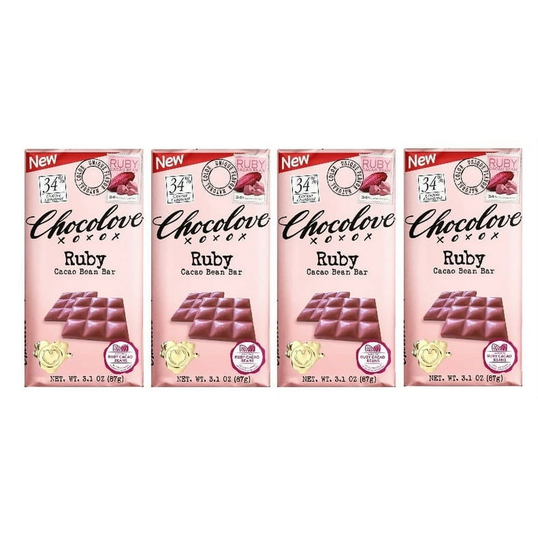 (4 Pack) Chocolove Xoxox Bar Ruby Cacao Bean, 3.1 Oz