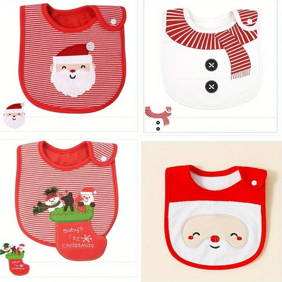 4 Pack Christmas Baby Bibs Soft Cotton, Absorbent, Adjustable Snap, Perfect for Teething & Feeding