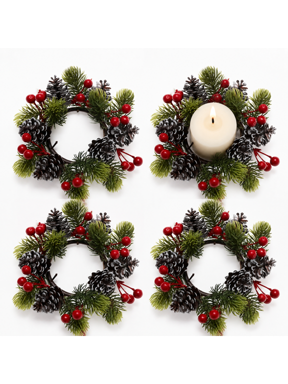 4 Pack Christmas Candle Wreath Rings with Pinecones, Red Berries, Pine Needles Artificial Holiday Candle Holder Decor for Table Centerpiece, Fireplace Mantel, Cabinet, Wedding Xmas Home Accents