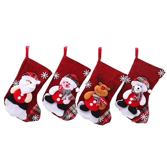 4 Pack Christmas Candy Gift Stocking, Medium Xmas Decorative Stocking Set Santa, Snowman Reindeer Bear for Fireplace Decoration Gift Bag Ornaments