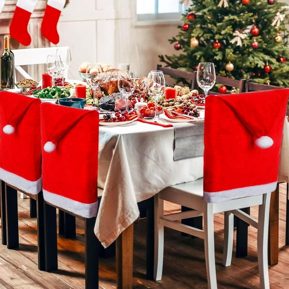 4 Pack Christmas Chair Covers Red Velvet Santa Hat Dining Chair Back Covers - Slipcovers for Christmas, Restaurant, Holiday Festivals & Party Decor