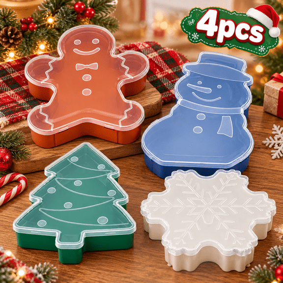 4-Pack Christmas Cookie Boxes with Lids, Gingerbread Man, Snowman, Snowflake & Tree Shaped Serving Trays for Candy, Nuts, Cookies, Holiday Snacks and Party Treats, Gift Giving