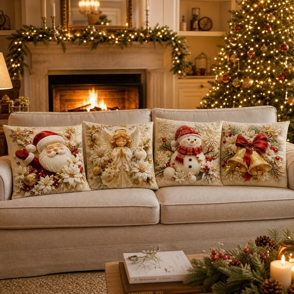 4 Pack Christmas Decorative Throw Pillow Covers – Stereo Embossed Holiday Cushion Slipcovers with Hidden Zipper for Sofa Couch, Praying Figure & Bells