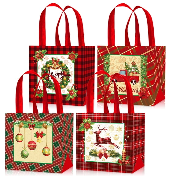 4 Pack Christmas Double-Sided Gift Bags 8x8x6 Inch