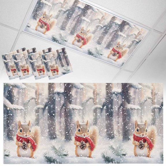 4 Pack Christmas Fluorescent Light Covers for Ceiling Lights Winter Pine Forest Cute Squirrel Snowfall Magnetic Ceiling Light Covers Overhead Light Filters for Office Classroom Home