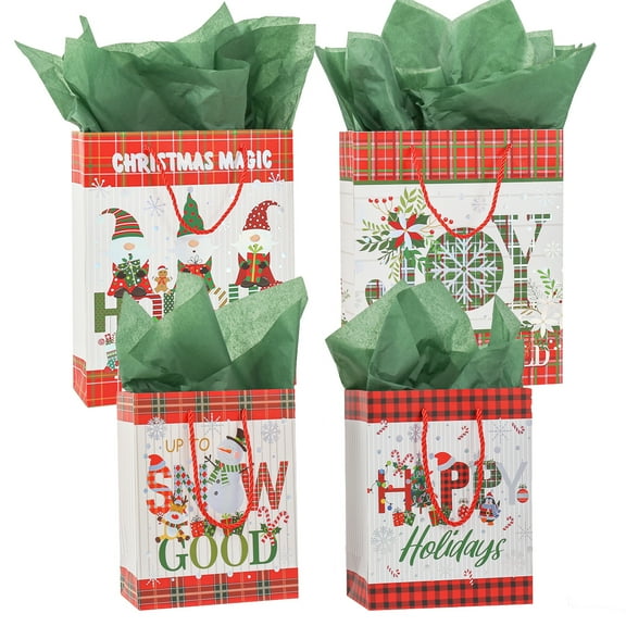 4 Pack Christmas Tote Gift Bags Assorted Sizes With Tissue paper (2 Large 13", 2 Medium 9")