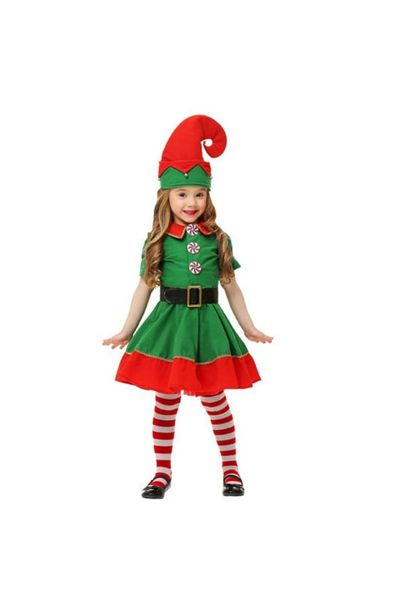 4 Pack Christmas Kids Elf , Girls Christmas Elf Velvet Dress _Outfit Belt Socks Hat Festive Outfit For Girls Santa Helper Xmas Holiday Elf Dress Outfit #01 Green,5-6Y