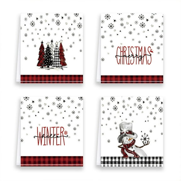 4 Pack Christmas Kitchen Towels, Everyday Seasonal Winter Decorative Hand Towels With Snowman Tree Plaid Patterns