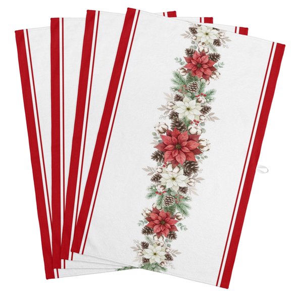 4 Pack Christmas Kitchen Towels White Red Poinsettia Pinecones Red Stripes Rustic Decorative Dish Towel Sets Absorbent Quick Dry Hand Cloths Tea Towels for Cooking Baking Farmhouse Gifts 18x28in