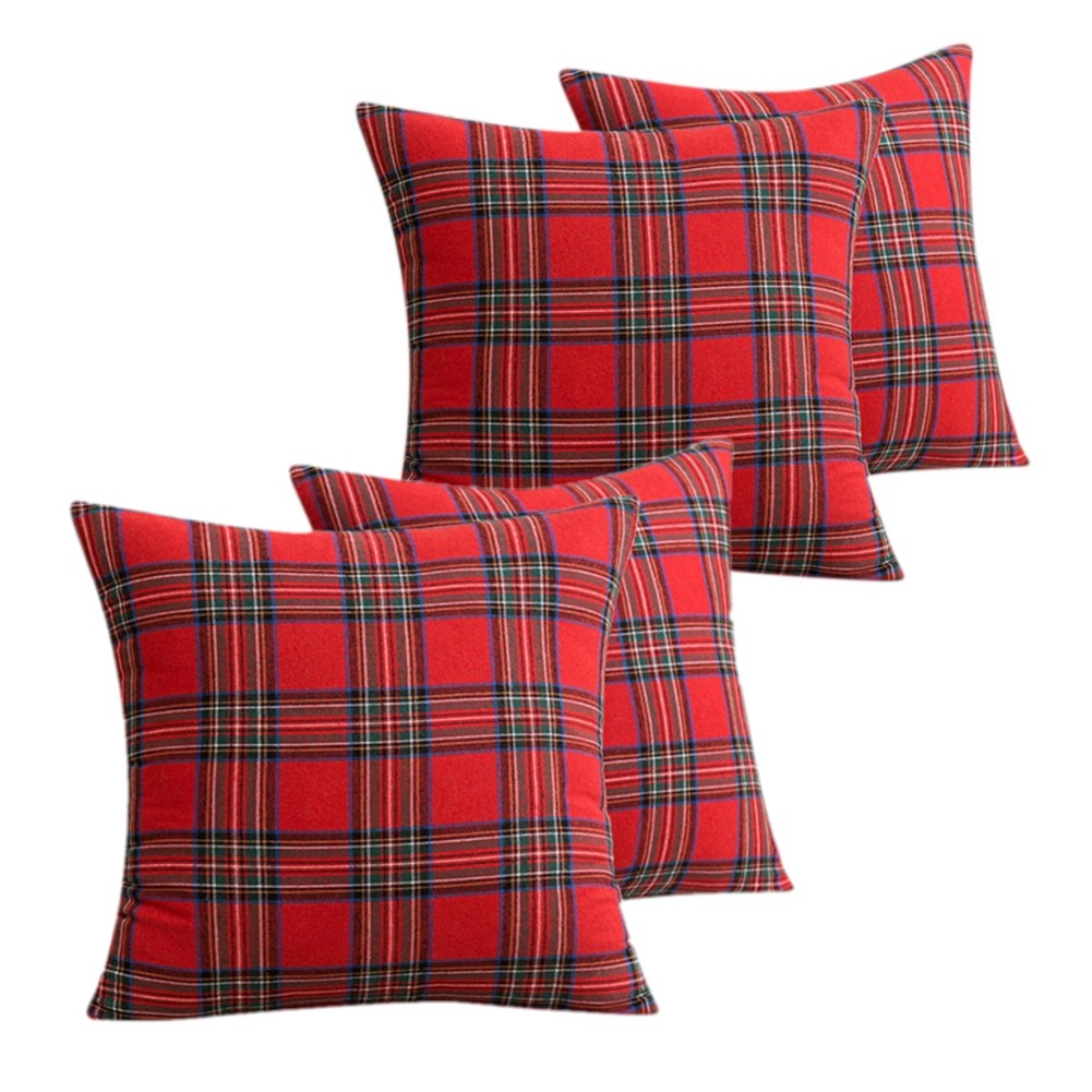 4 Pack Christmas Plaid Decorative Throw Pillow Covers Scottish Tartan Cushion Case for Farmhouse Home Holiday Decor Red and Green, 20 x 20 Inches - B