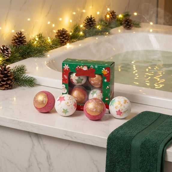 4-Pack Christmas Star Bath Bombs Gift Set, Scented Aroma Oil Spa Bath Balls for Bath & Foot Soak, Holiday Relaxing Self‑Care Gift Box